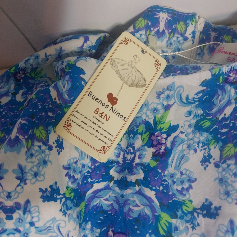 Buenos Ninos Floral Dress, Sleeveless, White‎ Blue Flowers Print, XXL